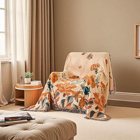 Fall Boho Throw Blanket for Bed 80"x90", 100% Cotton Boho Throws for Couch Sofa, Ultra Soft 4-Layers Woven Muslin Blanket with Floral Printed for All Season,Farmhouse Throws Bed Chair Cover