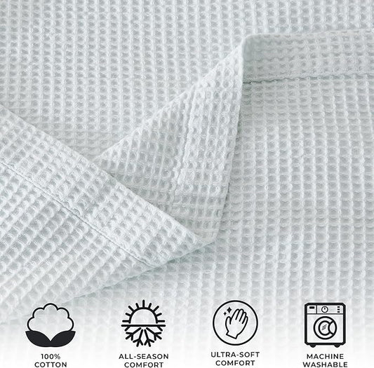 100% Cotton King Size Bed Blanket - Light Blue Waffle Weave Summer Blanket - 102x90in Prewashed, Breathable, Woven, Layering
