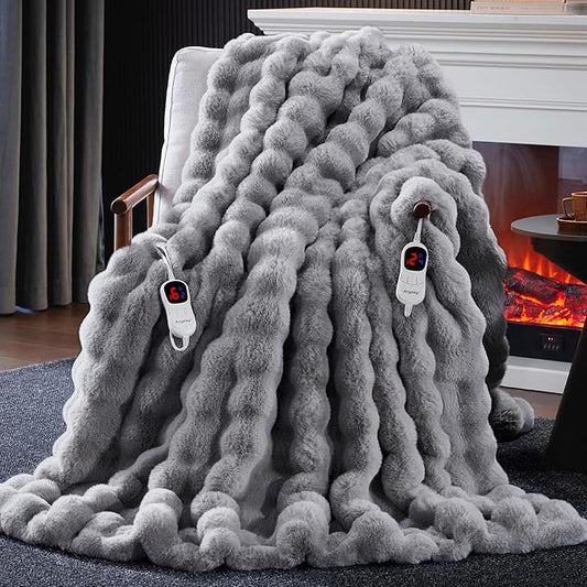 Heated Blanket Throw with 1/2/4/6/8 Hours Auto-Off 10 Heat Level, 90'' * 100'' Cozy Faux Rabbit Fur Bubble Electric Blanket with Overheat Protection(Light Grey)