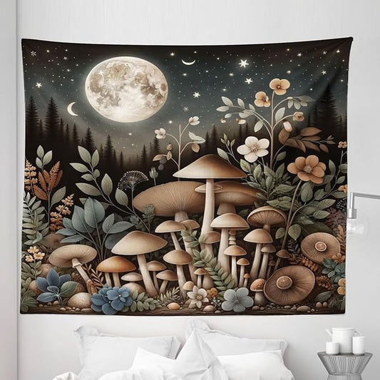 Ambesonne Aesthetic Tapestry King Size, Night Forest Scene with Boho Nature Mushroom Leaves Stars and Full Moon, Wall Hanging Bedspread Bed Cover Wall Decor, 104" X 88", Sepia and Grey Teal