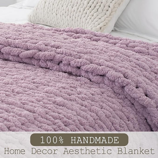 Chunky Knit Throw Blanket 50"X 60", 100% Handmade with Soft Chenille Yarn, 4.4lbs Thick Cable Knitted Blankets, Large Rope Knot Crochet Throws for Couch Sofa Bed Home Decor, Purple