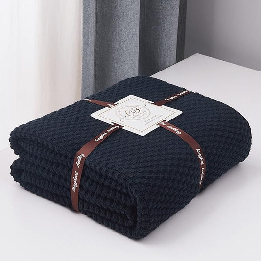 Longhui bedding Dark Navy Blue Knitted Throw Blanket for Couch, Soft, Cozy Machine Washable 100% Cotton Sofa Knit Blankets, Heavy 4.0lb Weight, 60 x 80 Inches, Dark Navy Blue Color.
