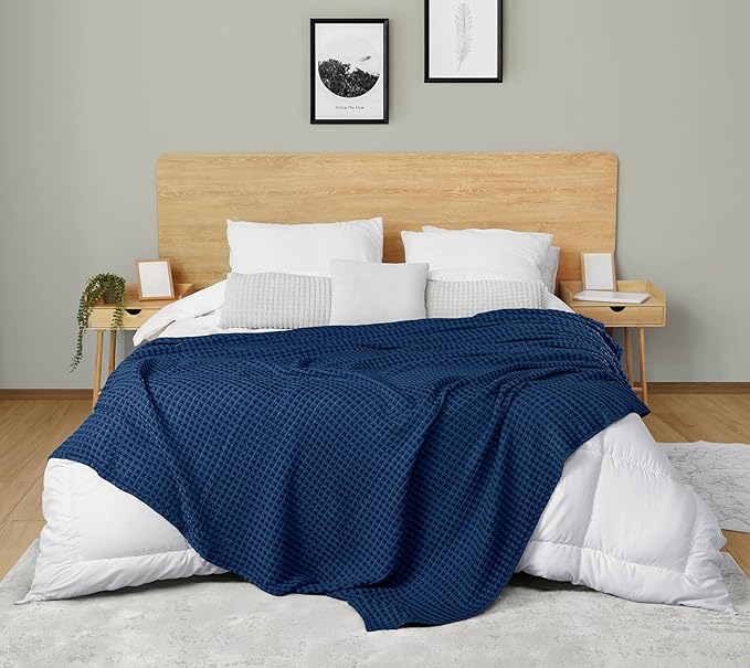 Utopia Bedding Navy 100% Cotton Waffle Blanket 300 GSM [Big - 120x120 Inch] Soft Lightweight Breathable Bed Blanket for All Season
