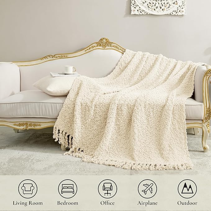 Amélie Home Knit Throw Blanket with Tassels for Couch, Luxury Boho Throw Blanket for Summer Ivory, 60"x80"