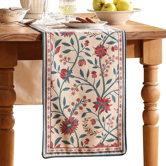 Farmhouse Berry Red Floral Table Runner for Coffee Table,Decorative Linen 87 Inches Long Table Runners,Decor Tabletop for Kitchen,Dining,Party,Home,Christmas,12"*87"