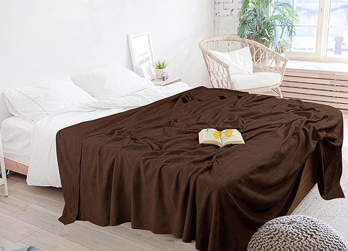 Utopia Bedding Brown 100% Cotton Blanket [Queen Size - 90x90 Inch] 350GSM Lightweight, Soft and Breathable Thermal Blanket for All Seasons