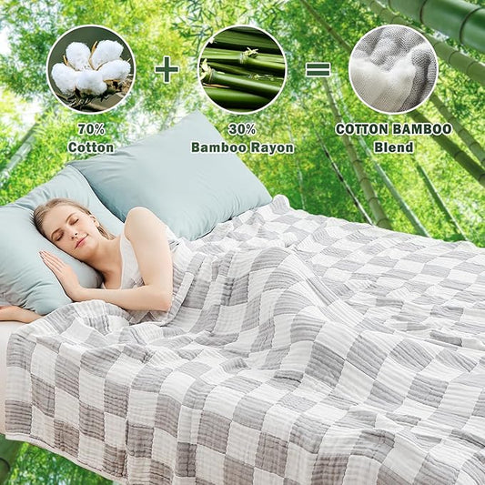 EMME Checkered Cotton Queen Size Bed Blanket, 80"x90", Lightweight Breathable Cooling All Season Gauze, Grey