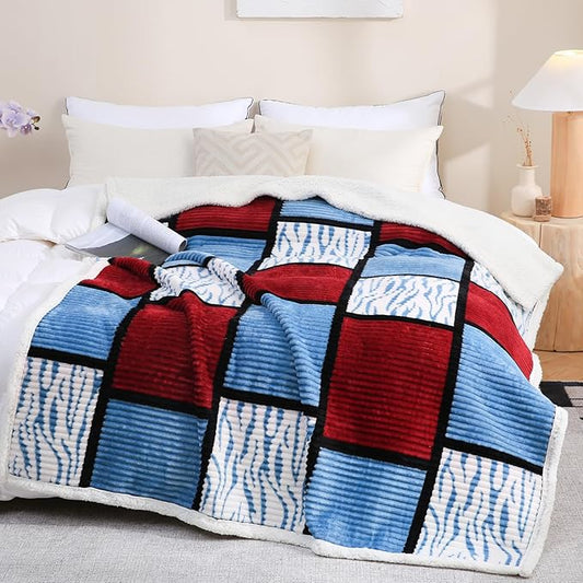 PU MEI Sherpa Blanket Fleece Throw Blanket Twin Plaid Thick Bed Blanket, Soft Warm Cozy Throw Blanket for Couch 60”*80” Zebra-Wine Blue