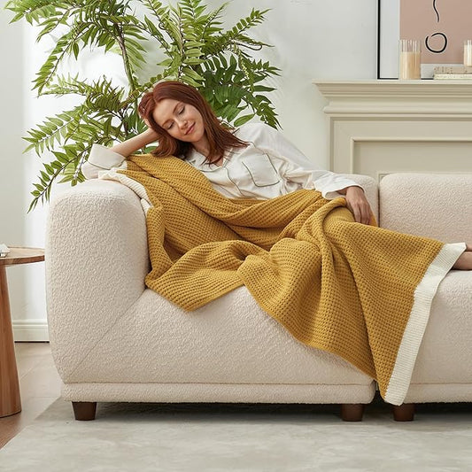 Amélie Home Chenille Waffle Throw Blanket for Couch, Reversible Soft Cozy Knit Blanket Lightweight Warm Decorative Throw for Sofa, Bed, Living Room, 50"x60", Ginger