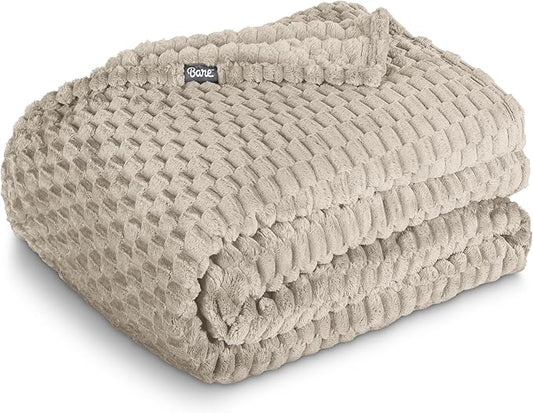 Bare Home Textured Fleece Microplush Blanket - Extra Long - Lightweight Throw for Bed, Sofa, Couch, Movie Night, Camping, and Travel - Ultra Soft Warm Blanket (Twin/Twin XL, Waffle Oyster)