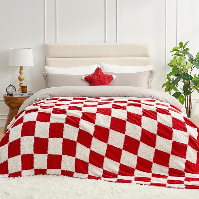 Snuggle Sac Faux Fur Checkered Blanket Twin Size with Soft Knitted Microfiber Fabric,Cozy Soft Warm Blanket for Sofa Bedroom Living Room, Red Checker,60x80 inches