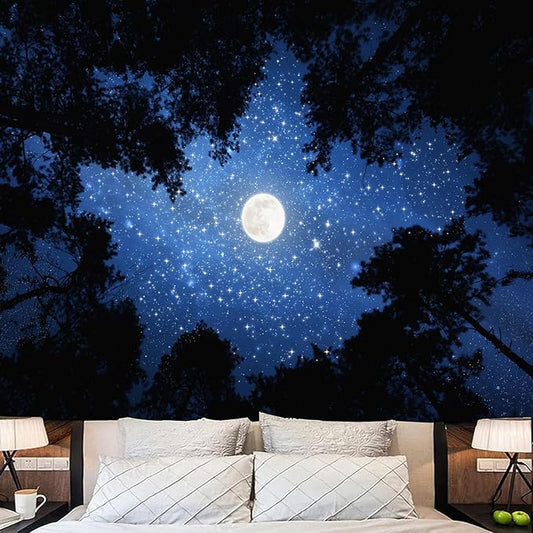 TUGCAY Forest Galaxy Starry Tapestry Blue Space Night Sky Stars Moon Ceiling Tapestry Nature Trees Tapestries Aesthetic Wall Hanging for Bedroom Dorm Living Room Office Decor 60x50 Inch