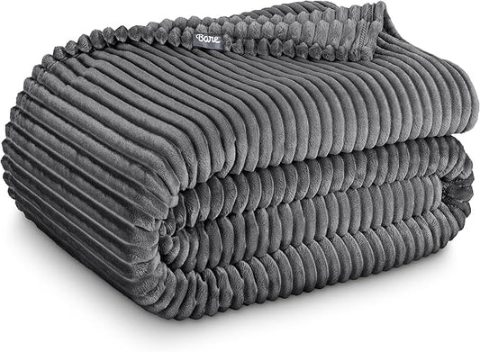 Bare Home Textured Fleece Microplush Blanket - Extra Long - Lightweight Throw for Bed, Sofa, Couch, Movie Night, Camping, and Travel - Ultra Soft Warm Blanket (Twin/Twin XL, Ribbed Grey)