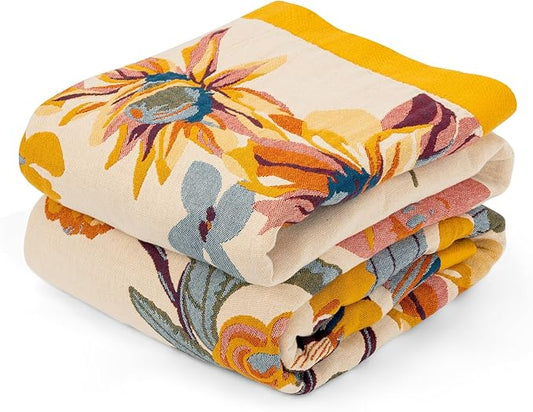 MACEVIA 100% Cotton Boho Throw Blanket, Soft Lightweight Butterfly Floral Design, 60"x80" Twin Size Bedspread for Couch Sofa, Bed, Travel, Cottagecore Decor (Butterfly Floral)