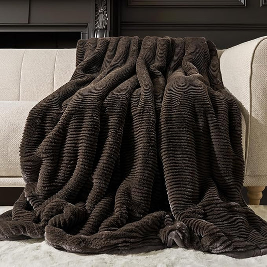 Ultra Soft Faux Fur Throw Blanket for Couch, Luxury Sculpted Texture Faux Rabbit Fur Blanket for Bed, Fluffy Thick Plush Warm Fuzzy Throw, 920GSM (Dark Brown, 50''x60'')