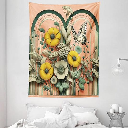 Ambesonne Boho Tapestry, Springtime Greenery with Boho Vibes Moth on Coral Tone Back Curving Stripes, Wall Hanging for Bedroom Living Room Dorm Decor, 60" X 80", Salmon Reseda Green