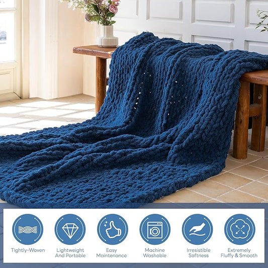 Chunky Knit Blanket - Luxury Soft Cozy King Size(60 * 80) Throw Blanket,100% Woven Blanket Rope Knot Throw Blanket for Couch, Sofa, Home Decor, Gift - Machine Washable（Deep Blue）