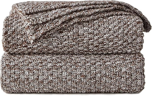 Longhui bedding Coffee Knitted Throw Blanket for Couch, Soft, Cozy Machine Washable 100% Cotton Sofa Knit Blankets, Heavy 4.0lb Weight, 60 x 80 Inches, Coffee and White Color.