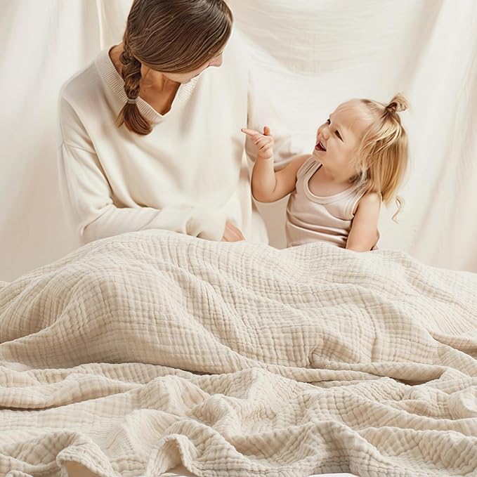 Carriediosa 100% Cotton Muslin Throw Blanket 90" X 90" Queen Size，4-Layers Summer Gauze Throws for Bed Couch，Soft Lightweight Breathable Linen Blankets Bedspread for Adults All Season，Khaki