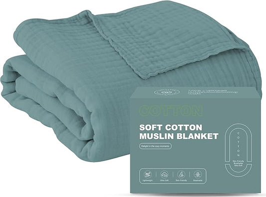 Cosy Family 6 Layer Muslin Bed Blanket - Breathable and Lightweight Gauze Boho Blanket for Spring, Soft 100% Cotton Muslin, Green, 55x80 Inches
