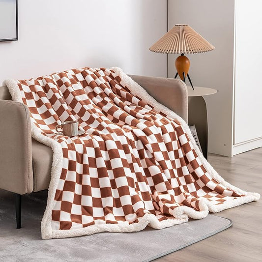 LOMAO Sherpa Throw Blanket Fleece Blanket with Checkered Pattern Soft Thick Blanket for Couch, Bed, Sofa Luxurious Warm and Cozy for All Seasons (Maple Brown, 60"x80")