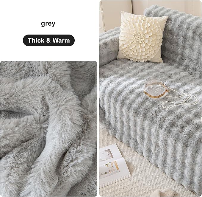AMWAN Ultra Soft Fuzzy Faux Rabbit Fur Couch Cover for Sofa,Bed Long Shaggy Thick Warm Fluffy Sofa Slipcover for Dogs,Cats,Kids,Decorative Gray Cozy Plush Cute Bubble Furry Blanket Grey,71x118’’