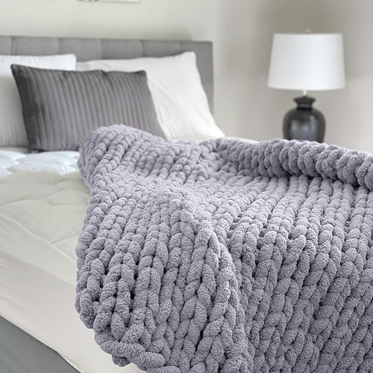Adyrescia Chunky Knit Blanket Throw | 100% Hand Knit with Jumbo Chenille Yarn (60"x80", Lilac Gray)