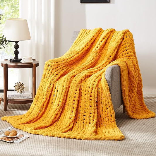 L'AGRATY Chunky Knit Blanket Throw: 72''x84'' Chenille Chunky Knitted Throw Blanket for Bed Couch - Handmade Thick Big Cable Knit Blanket - Large Chunky Crochet Rope Blanket for Home Decor(Yellow)
