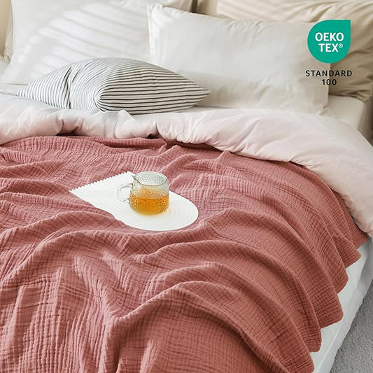Carriediosa 100% Cotton Muslin Throw Blanket 50" X 70" Throw XL Size，4-Layers Summer Gauze Throws for Bed Couch，Soft Lightweight Breathable Linen Blankets Bedspread for Adults All Season，Mauve