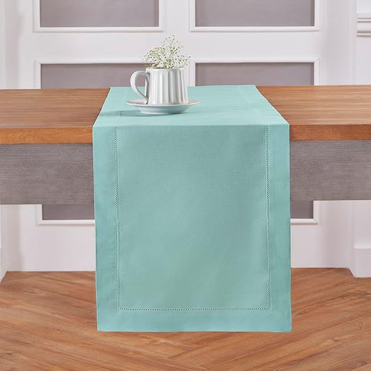 Solino Home Cotton Linen Pastel Turquoise Table Runner 72 Inches Long - Hemstitch Table Runner 14 x 72 Inch for Dresser, Dining and Summer