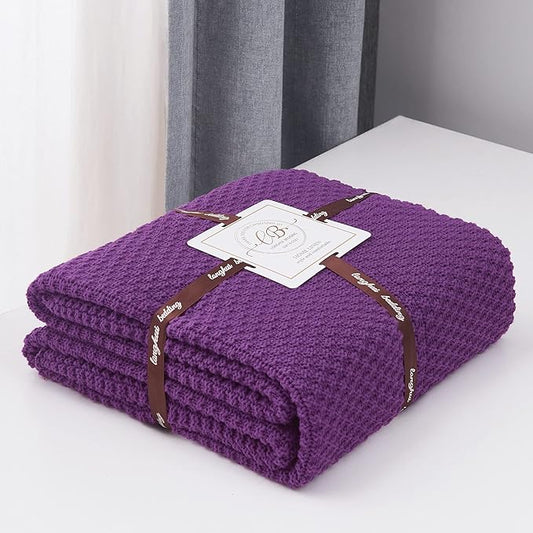 Longhui bedding Purple Knitted Throw Blanket for Couch, Soft, Cozy Machine Washable 100% Cotton Sofa Knit Blankets, Heavy 3.0lb Weight, 51 x 63 Inches, Purple Color.