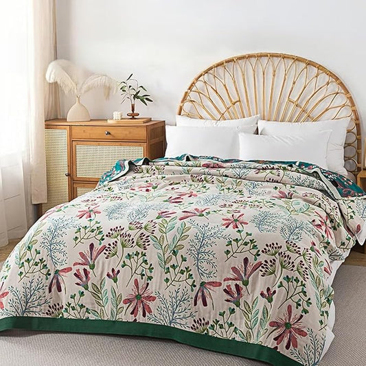 Green Grass Boho Throw Blanket for Bed, Lightweight Muslin Cotton Quilt Blanket for Thanksgiving Gift, Travel Blanket, Reversible Picnic Blanket 60" x80'' for Couch, Chair