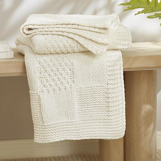 Amélie Home Chenille Knit Throw Blanket for Couch, Checkered Texture Decorative Soft Blanket for Sofa, Bed & Living Room, 60"x80", Ivory