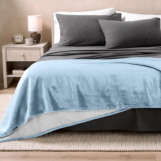 Bare Home Sherpa Fleece Blanket - King Size - Blanket for Bed, Sofa, and Couch - Warm & Lightweight - Fluffy & Soft - Reversible (King, Light Blue)