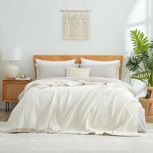 Amélie Home Chenille Waffle Queen Size Bed Blanket, Reversible Soft Cozy Knit Blanket Lightweight Warm Decorative for Bedroom, 90"x90", Ivory