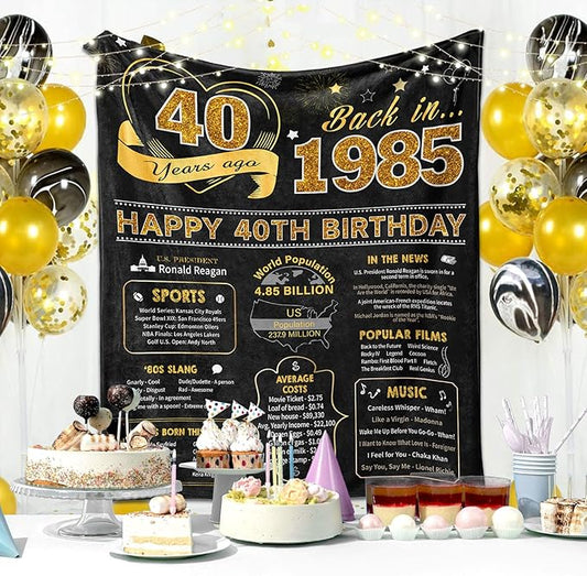 40th Birthday Gifts Women Men, 40 Year Old Birthday Gifts for Women Men, 40th Bday Gift Ideas Throw Blanket 60 x 50 Inch, 1985 Bday Gift for Woman Man, 40 Yr Old/Forty Presents for Female Male