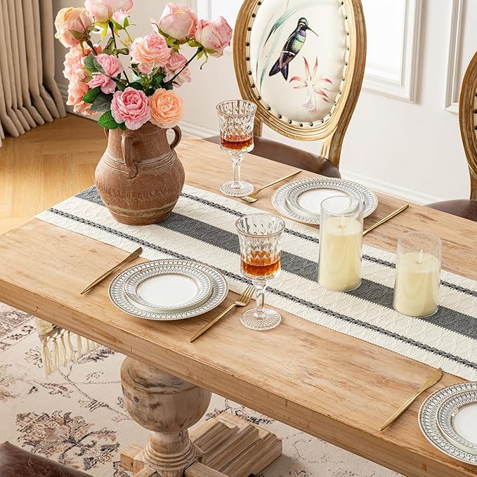 Fancy Homi Grey Table Runner 90 Inches Long Boho Macrame Table Runner for Home Decor, Farmhouse Table Runners with Tassels for Party Bohemian Rustic Bridal Shower Dining Decor 12x90 Inches