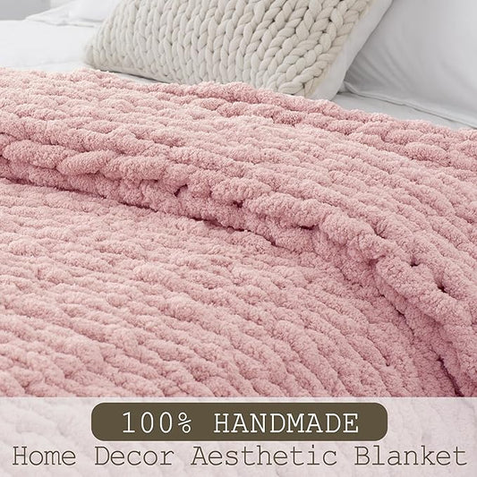 Chunky Knit Throw Blanket 50"X 60", 100% Handmade with Soft Chenille Yarn, 4.4lbs Thick Cable Knitted Blankets, Large Rope Knot Crochet Throws for Couch Sofa Bed Home Decor, Dusty Pink