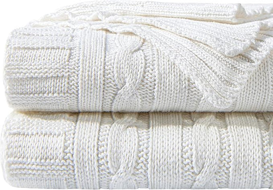 NTBAY 100% Pure Cotton Oversize (60x80) Cable Knit Throw Blanket, Super Soft Warm Knitted Throw Blanket for Bed, Sofa, Chair, Couch - Extra Cozy, Machine Washable, Comfortable Home Decor, White