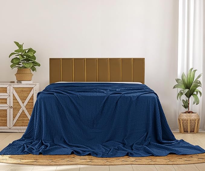 Utopia Bedding Navy 100% Cotton Waffle Blanket 300 GSM [Big - 120x120 Inch] Soft Lightweight Breathable Bed Blanket for All Season