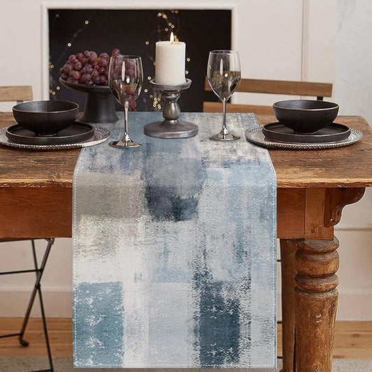 Emvency Farmhouse Table Runner, Vintage Blue and Grey Abstract Art Painting for Kitchen Coffee Table Family Dinners Holiday Parties Wedding Events Decor(13x72 inch)