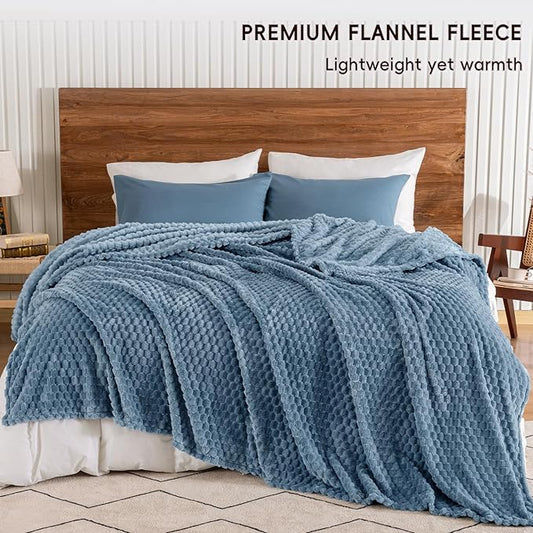 PHF Ultra Soft Flannel Fleece Blanket Queen Size, Lightweight 3D Jacquard Fleece Blanket, No Shedding, No Pilling, Luxury 340GSM Aesthetic Fluffy Cozy for Bed Room Decor, 90"x90", Captain's Blue