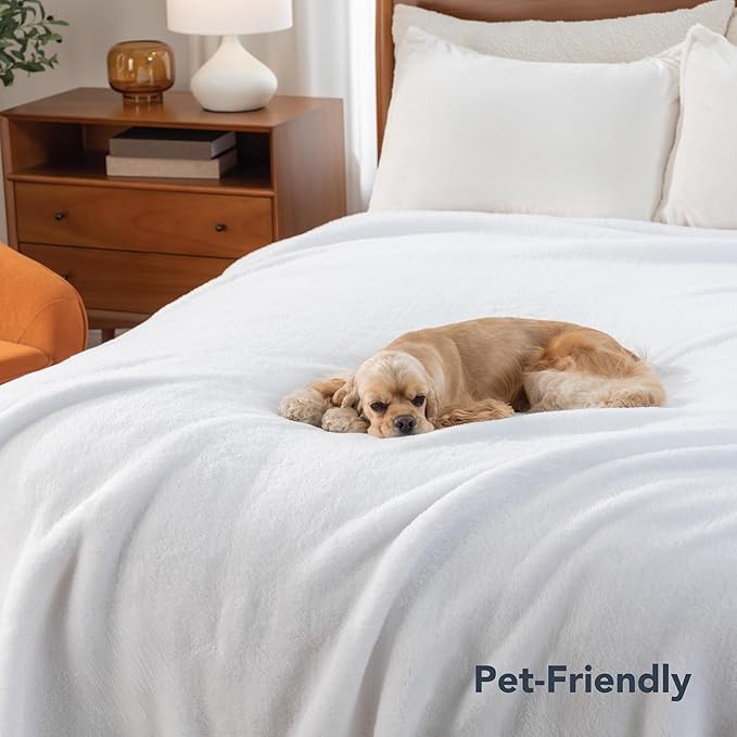 Berkshire Blanket Classic Extra-Fluffy™ Plush Blanket Queen Size, Soft Fuzzy Fluffy Long Hair Blanket for Couch Sofa Bed, True White, 90x90 Inches