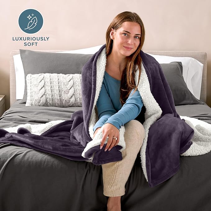 Bare Home Sherpa Fleece Blanket - Twin/Twin Extra Long - Blanket for Bed, Sofa, and Couch - Warm & Lightweight - Fluffy & Soft - Reversible (Twin/Twin XL, Eggplant)