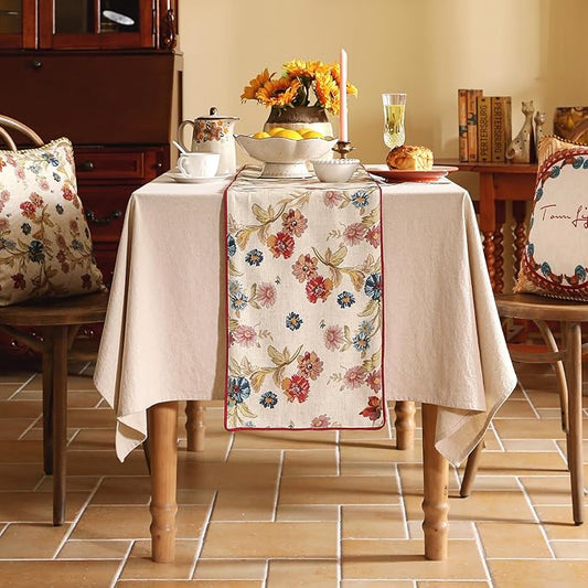 patdrea Designer Farmhouse Linen Thick Table Runner, Rustic Cottage Beige with Floral Pattern Fabric Table Mat, Decoration for Kitchen Dining Coffee Table Banquet Christmas , 12"*71"