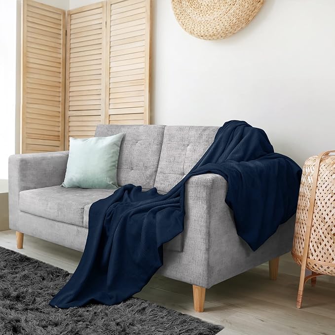 Utopia Bedding Navy 100% Cotton Blanket [Queen Size - 90x90 Inch] 350GSM Lightweight, Soft and Breathable Thermal Blanket for All Seasons