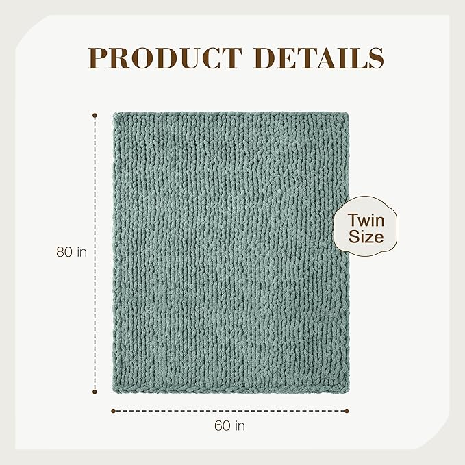 Carriediosa Chunky Knit Throw Blanket 60" X 80" Twin, 100% Hand Made Large Chenille Loop Yarn Soft Fluffy Throws for Couch Sofa Bed, Big Crochet Cozy Heavy Thick Cable Woven Blankets, Sage Green