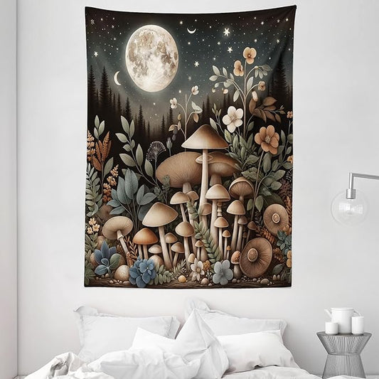 Ambesonne Aesthetic Tapestry, Night Forest Scene with Boho Nature Mushroom Leaves Stars and Full Moon, Wall Hanging for Bedroom Living Room Dorm Decor, 60" X 80", Sepia and Grey Teal