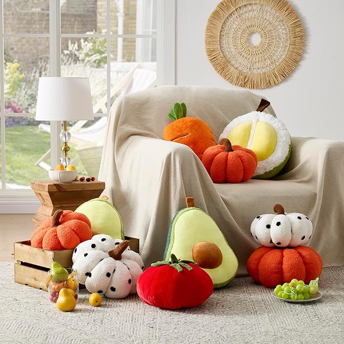 GIGIZAZA Halloween Throw Pillows Pack of 2,Cute Pumpkin Fluffy Throw Pillows Decorative Fall Thanksgiving Aesthetic Pillows Gifts Plush Pumpkin Room Decor Cushions Pillow 12&14 Inches