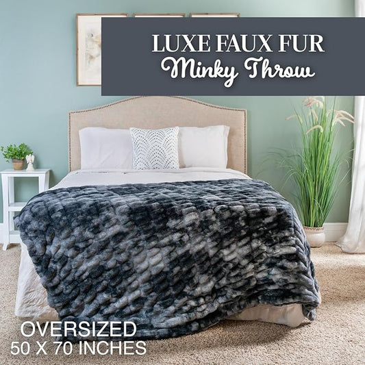 1i4 Group Outrageously Soft - Minky Luxe Faux Fur Throw Blanket - Ultra Plush Minky – Heavyweight Fabric – Elastic Stitched to Wrap Around You Like a Hug - Oversized 50 x 70 Inches – Gray